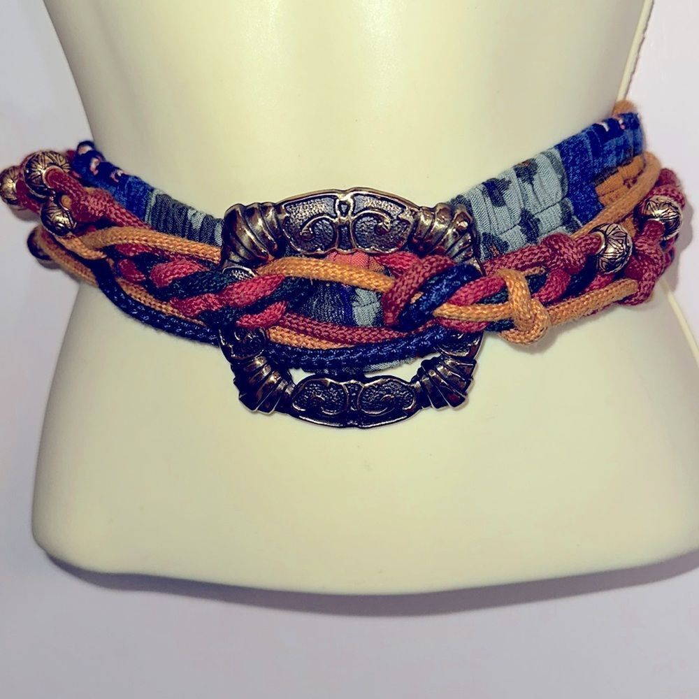 Vtg 80s/90s green, blue &‎ gold layered statement belt with large brass buckle